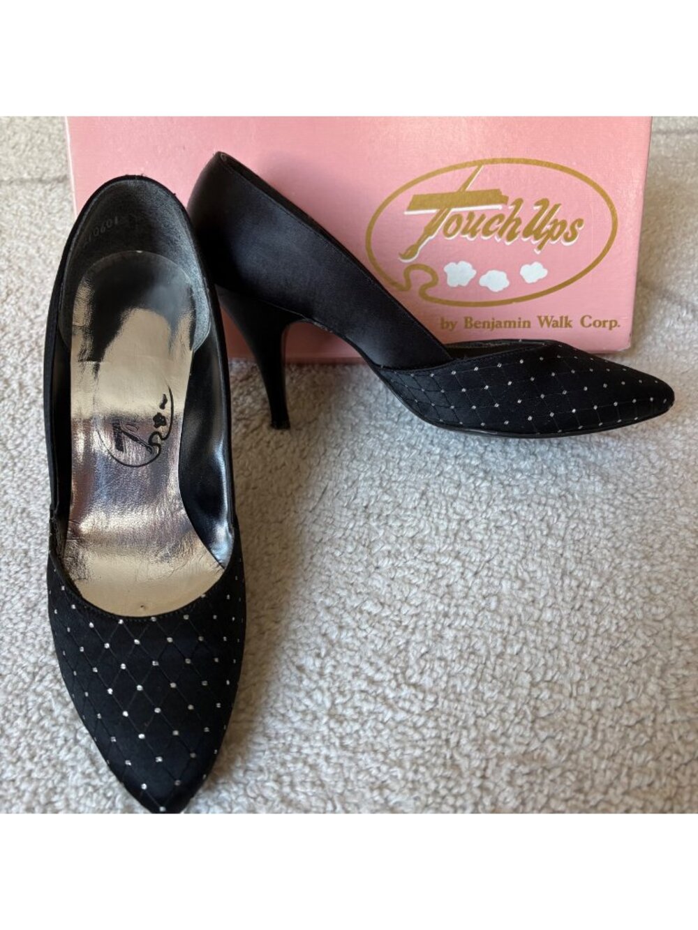 Vintage Black Satin Pumps Pointed Toe Rhinestone Heels w/ Box Sz 7
